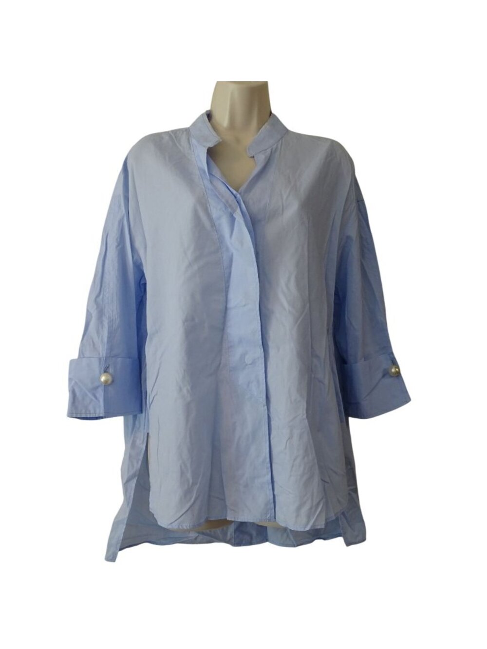 Zara Blue Button Up Blouse Shirt Woman Size XS Faux Pearl Cuff 3/4 Sleeve Preppy